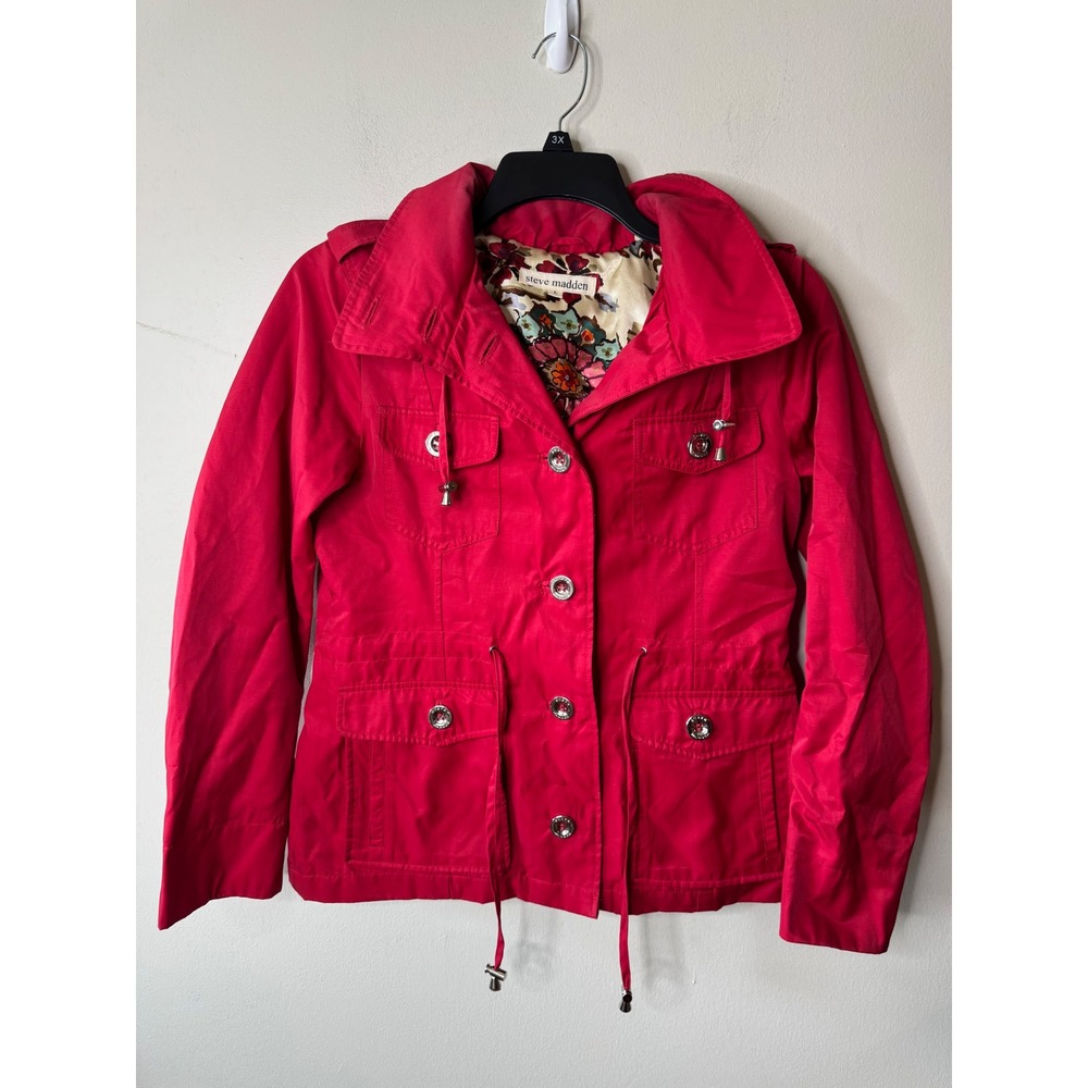 Steve Madden Red Utility Anorak Jacket Removable Hood Floral Trim Womens XL